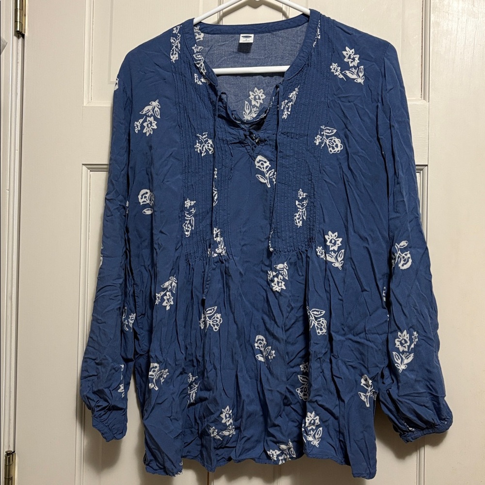OLD NAVY Lace Up Blue Floral Rayon Long Sleeve L